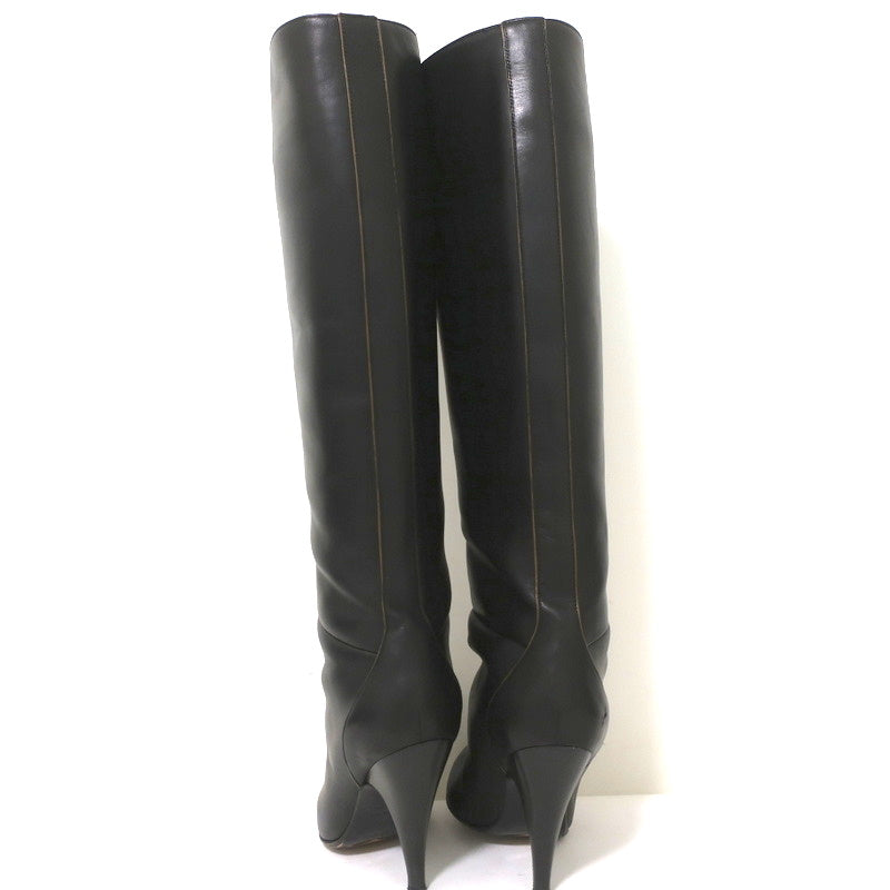 Hermes Knee High Boots Brown-Trimmed Black Leather Size 36 High Heel