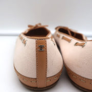 Laced Bow Ballet Flats Very Light Pink Canvas & Tan Leather Size 39.5
