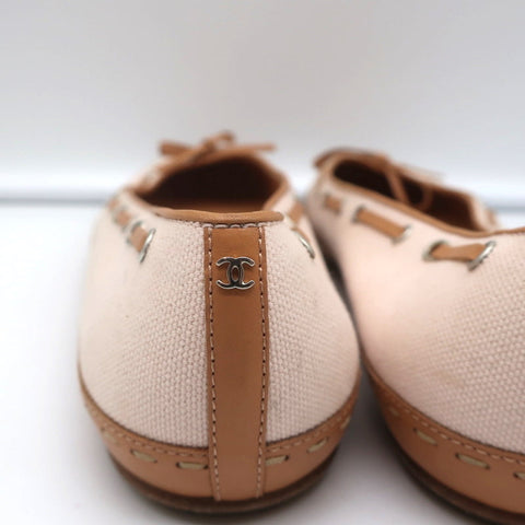 Laced Bow Ballet Flats Very Light Pink Canvas & Tan Leather Size 39.5