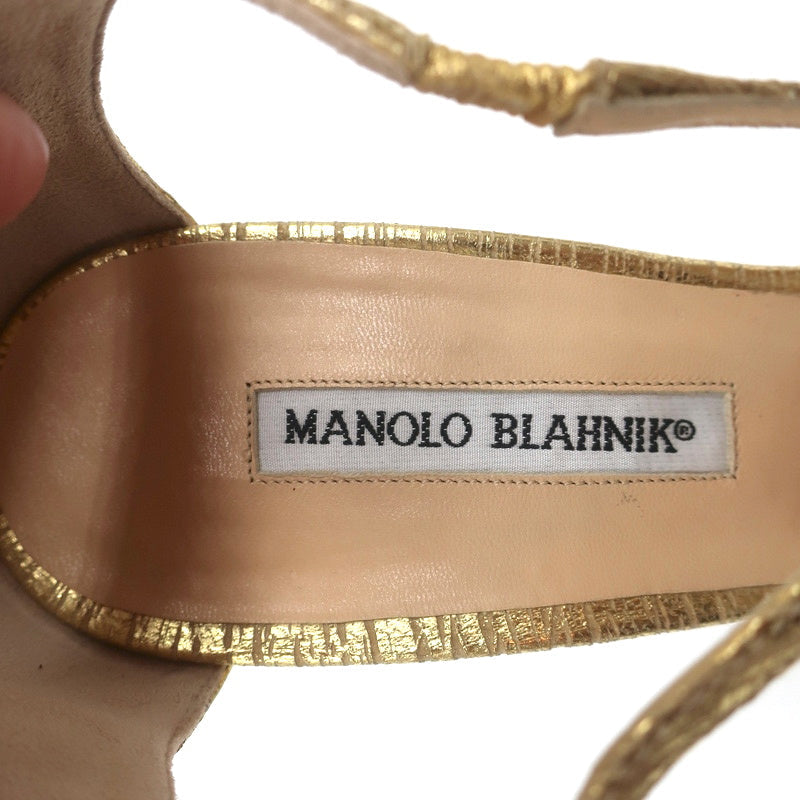 Manolo Blahnik Crisscross Sandals Metallic Gold Size 38.5 Peep Toe Heels NEW