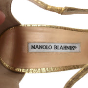 Manolo Blahnik Crisscross Sandals Metallic Gold Size 38.5 Peep Toe Heels NEW