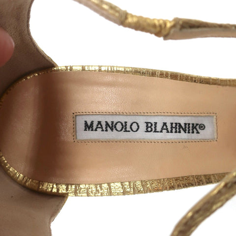 Manolo Blahnik Crisscross Sandals Metallic Gold Size 38.5 Peep Toe Heels NEW