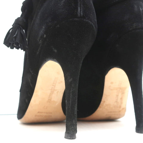 Manolo Blahnik Tassel Ankle Boots Black Suede Size 37 High Heel Booties