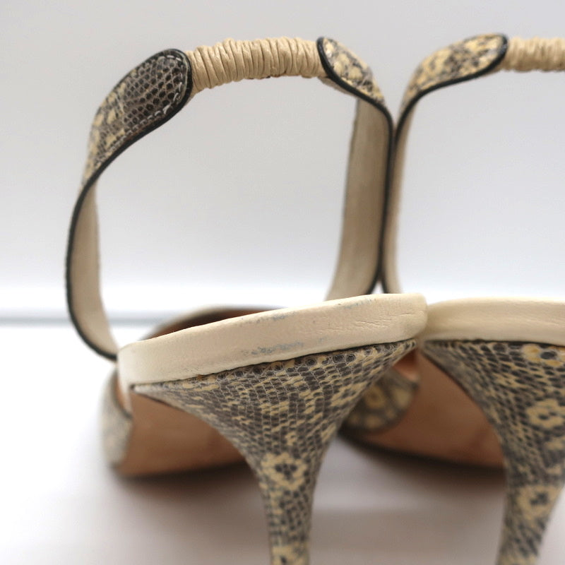 Manolo Blahnik Carolyne Slingback Pumps Ivory Lizard Size 38.5 Pointed Toe Heels