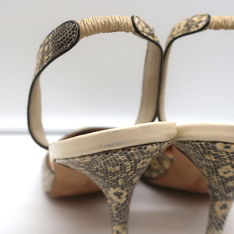 Manolo Blahnik Carolyne Slingback Pumps Ivory Lizard Size 38.5 Pointed Toe Heels