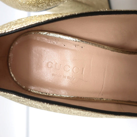 Gucci GG Marmont Fringed Pumps Gold Metallic Cracked Leather Size 36.5