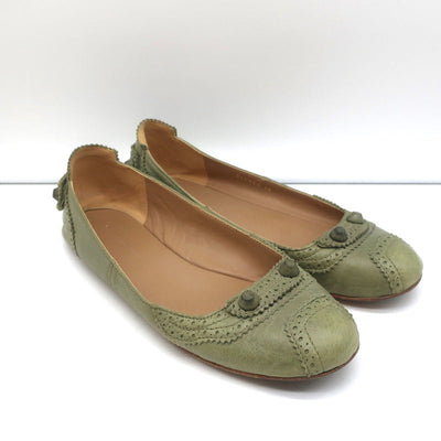 Balenciaga Brogue Studded Ballet Flats Sage Arena Leather Size 38