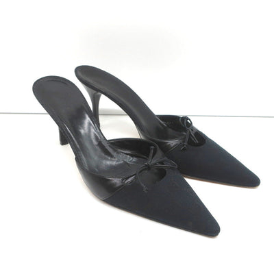 Gucci Bow Mules Black Monogram Canvas & Leather Size 8 Pointed Toe Heels