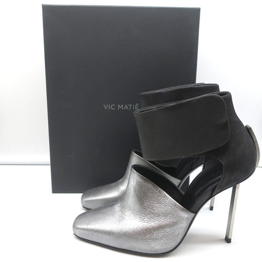 Vic Matie Metal Heel Pumps Black Nubuck & Silver Metallic Leather Size 37.5
