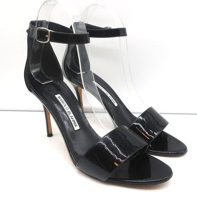 Manolo Blahnik Tres Ankle Strap Sandals Black Patent Leather Size 39