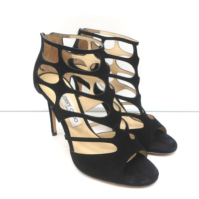 Jimmy Choo Ren Caged Sandals Black Cutout Suede Size 38.5 Peep Toe Booties