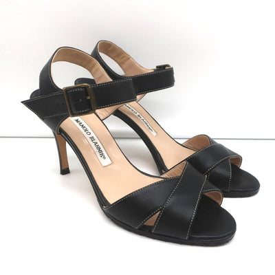 Manolo Blahnik Crisscross Sandals Black Leather Size 39 Ankle Strap Heels