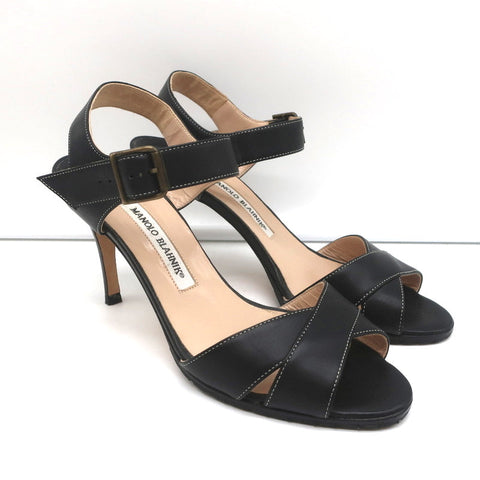 Manolo Blahnik Crisscross Sandals Black Leather Size 39 Ankle Strap Heels