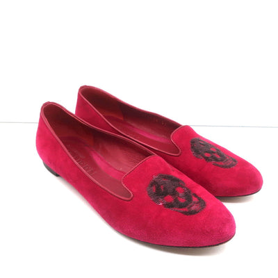 Alexander McQueen Sequin Skull Loafers Magenta Suede Size 37 Slip-On Flats