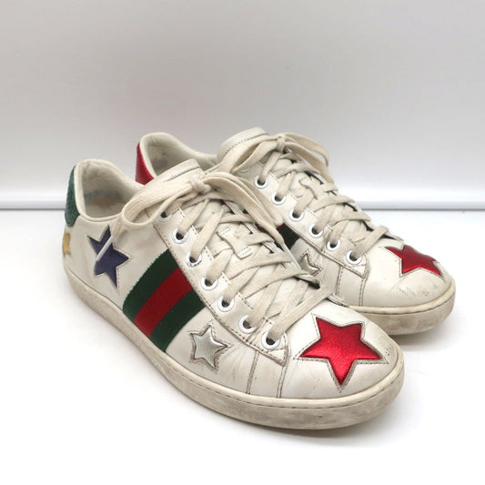 Gucci Ace Stars Low Top Sneakers White & Metallic Leather Size 36