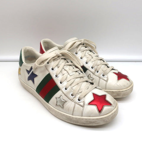 Gucci Ace Stars Low Top Sneakers White & Metallic Leather Size 36