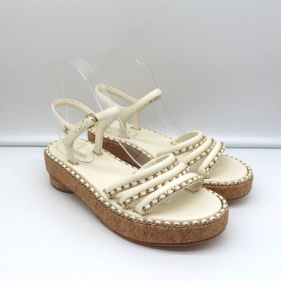 Cork Platform Sandals Cream Chain-Trim Leather Size 37.5 CC Ankle Strap