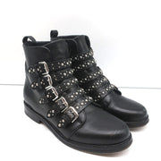 Maje Buckled Ankle Boots Black Studded Leather Size 37 Biker Boots