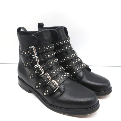 Maje Buckled Ankle Boots Black Studded Leather Size 37 Biker Boots