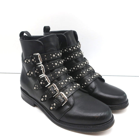 Maje Buckled Ankle Boots Black Studded Leather Size 37 Biker Boots