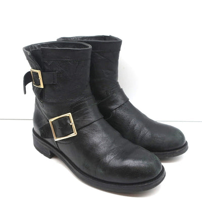 Jimmy Choo Youth Biker Boots Black Leather Size 38 Buckled Ankle Boots