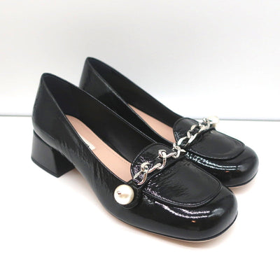 Miu Miu Chain Link Loafers Black Patent Leather Size 36.5 NEW