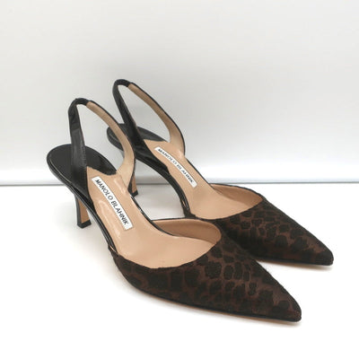 Manolo Blahnik Carolyne Slingback Pumps Leopard Jacquard & Patent Size 38.5