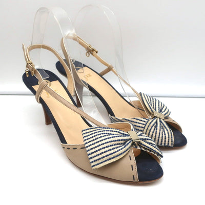 O Jour Asymmetric Bow Sandals Taupe Leather Size 41 Peep Toe Slingback Heels