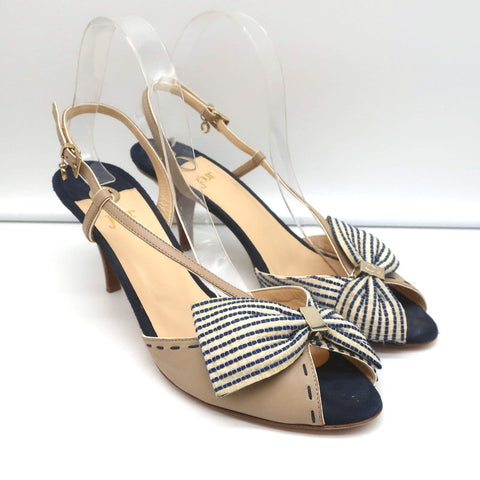 O Jour Asymmetric Bow Sandals Taupe Leather Size 41 Peep Toe Slingback Heels