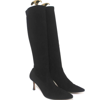 Manolo Blahnik Pascalare Knee High Boots Black Stretch Suede Size 38.5