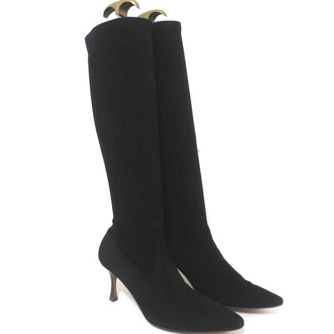Manolo Blahnik Pascalare Knee High Boots Black Stretch Suede Size 38.5