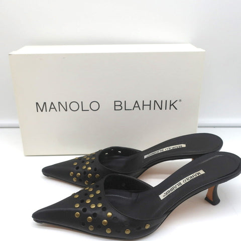 Manolo Blahnik Studded Mules Balu Black Perforated Leather Size 36.5 Kitten Heel