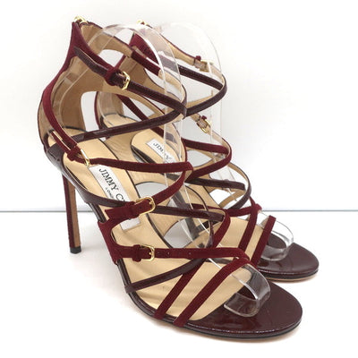Jimmy Choo Strappy Sandals Burgundy Patent & Suede Size 39 Open Toe Heel NEW