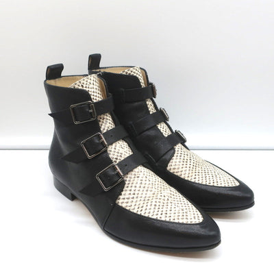 Jimmy Choo Ankle Boots Marlin Cream Snake Print & Black Leather Size 37