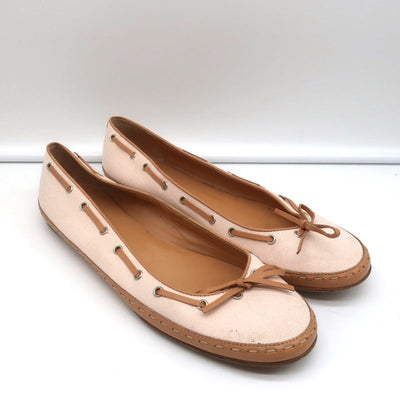 Laced Bow Ballet Flats Very Light Pink Canvas & Tan Leather Size 39.5