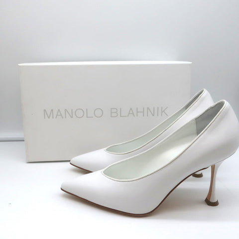 Manolo Blahnik Pumps Urgenzapla White Leather Size 36.5 Pointed Toe Heels