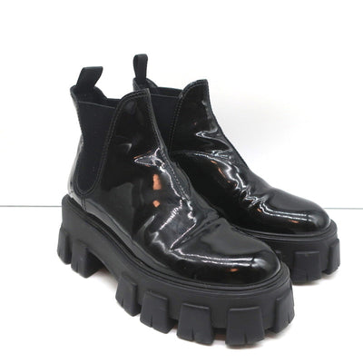 Prada Monolith Chelsea Boots Black Patent Leather Size 36