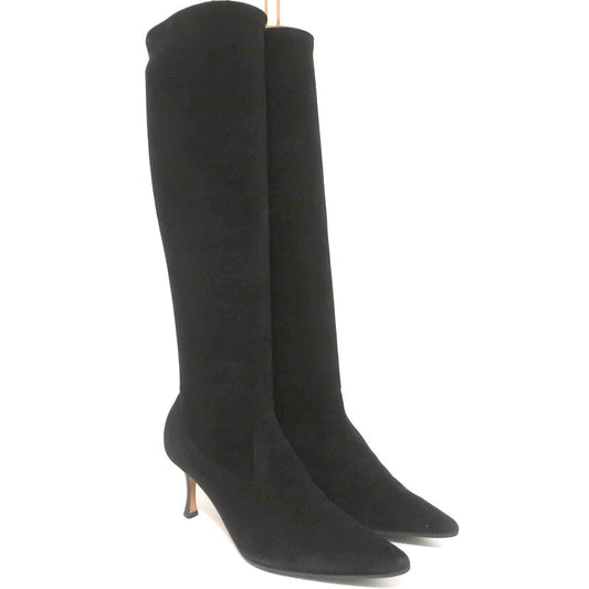 Manolo Blahnik Pascalare Knee High Boots Black Stretch Suede Size 37.5