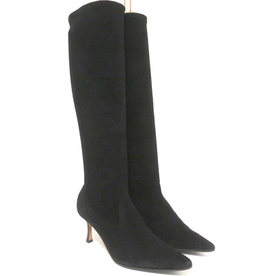 Manolo Blahnik Pascalare Knee High Boots Black Stretch Suede Size 37.5