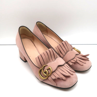Gucci Marmont Mid-Heel Pumps Light Pink Fringed Suede Size 38