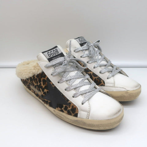 Golden Goose Superstar Sabot Shearling Sneakers Leopard Print Calf Hair Size 37