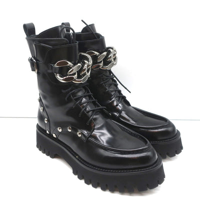 Casadei Chain Link Combat Boots Black Studded Leather Size 36.5