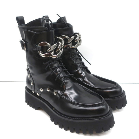 Casadei Chain Link Combat Boots Black Studded Leather Size 36.5