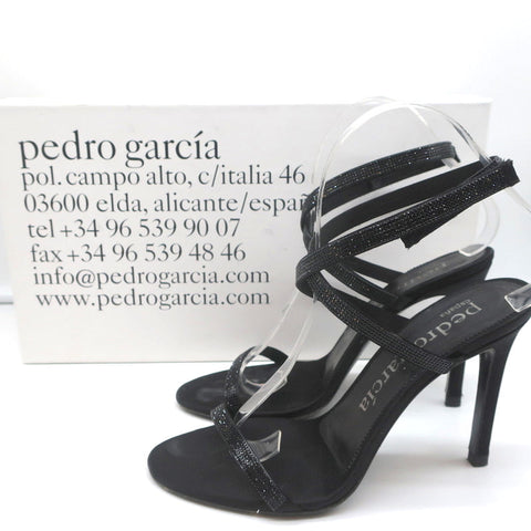 Pedro Garcia Ankle Strap Sandals Clara Black Crystal-Embellished Satin Size 37