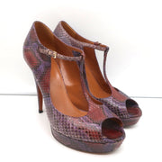 Gucci Platform T-Strap Pumps Purple Snakeskin Size 40 Peep Toe Heels