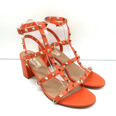 Valentino Rockstud Ankle Strap Sandals Orange Leather Size 40 Open Toe Heels NEW
