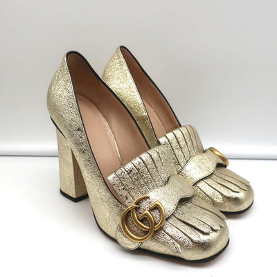 Gucci GG Marmont Fringed Pumps Gold Metallic Cracked Leather Size 36.5