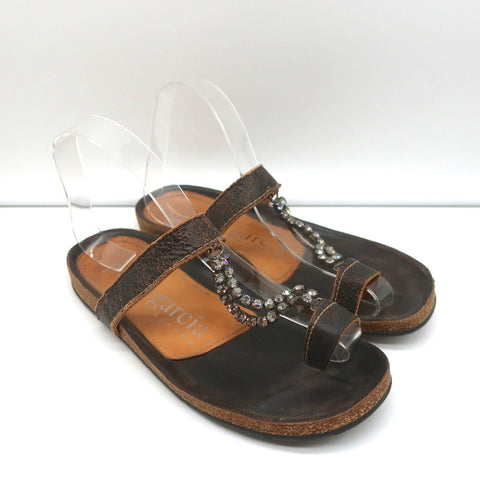 Pedro Garcia Crystal T-Strap Sandals Dark Brown Leather Size 37 Toe Ring Slides