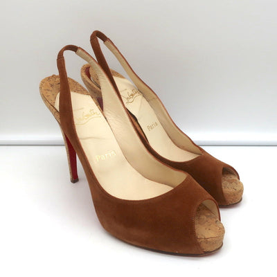 Christian Louboutin No Prive Cork Slingback Sandals Brown Suede Size 41.5