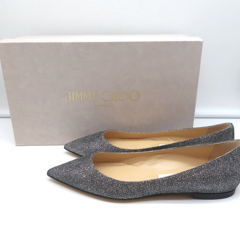 Jimmy Choo Alina Pointed Toe Flats Anthracite Glitter Lame Size 37 NEW